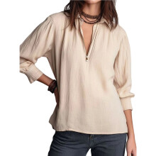 Women'S Half Zip Blouse Casual Loose Shirred Cuff Long Sleeve Pullover Tops Apricot Color M