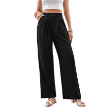 Dames Pantalon met Wijde Pijpen, Hoge Taille, Zakelijke Casual Broek, Palazzo Broek met Knoopsluiting Zwart M