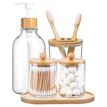 Ensemble de Salle de Bain en Bambou (Lot de 4) avec Plateau, Distributeur de Savon en Plastique, Porte-Brosse Ă Dents Transparent et Pot pour