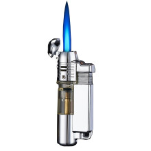 White Refillable Butane Torch Lighter with Adjustable Flame and Transparent Fuel Window for Indoor Outdoor Use