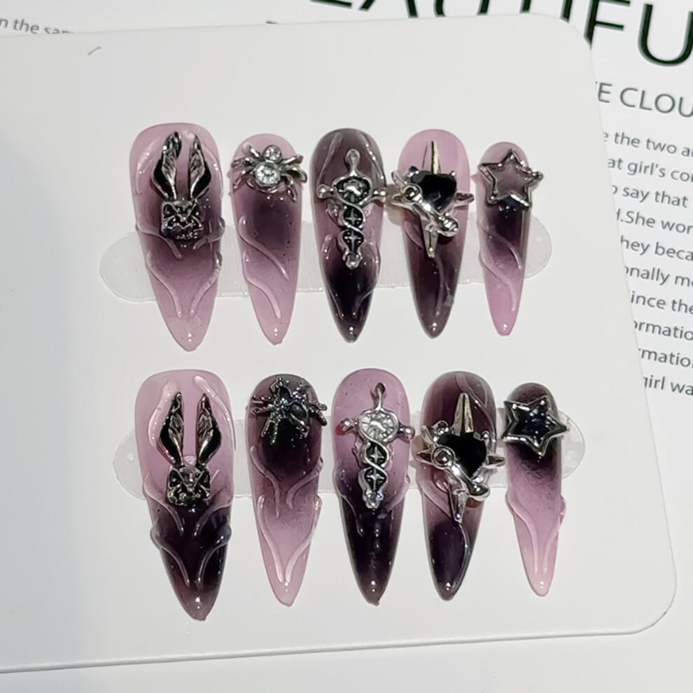Hue-Grain (Xs) 10Pcs Glossy Black Fake Nails Diy Kit