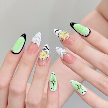 (L) 10PCS Press-on Nails, Nude&Green, Durable for Dating