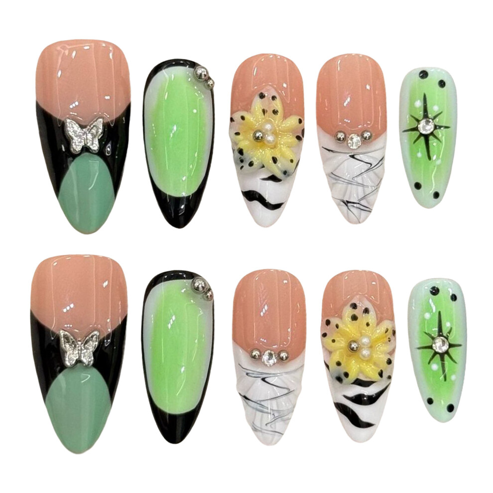 Reach-Tools (S) 10Pcs Press-On Nails, Nude&Green, Durable For Dating