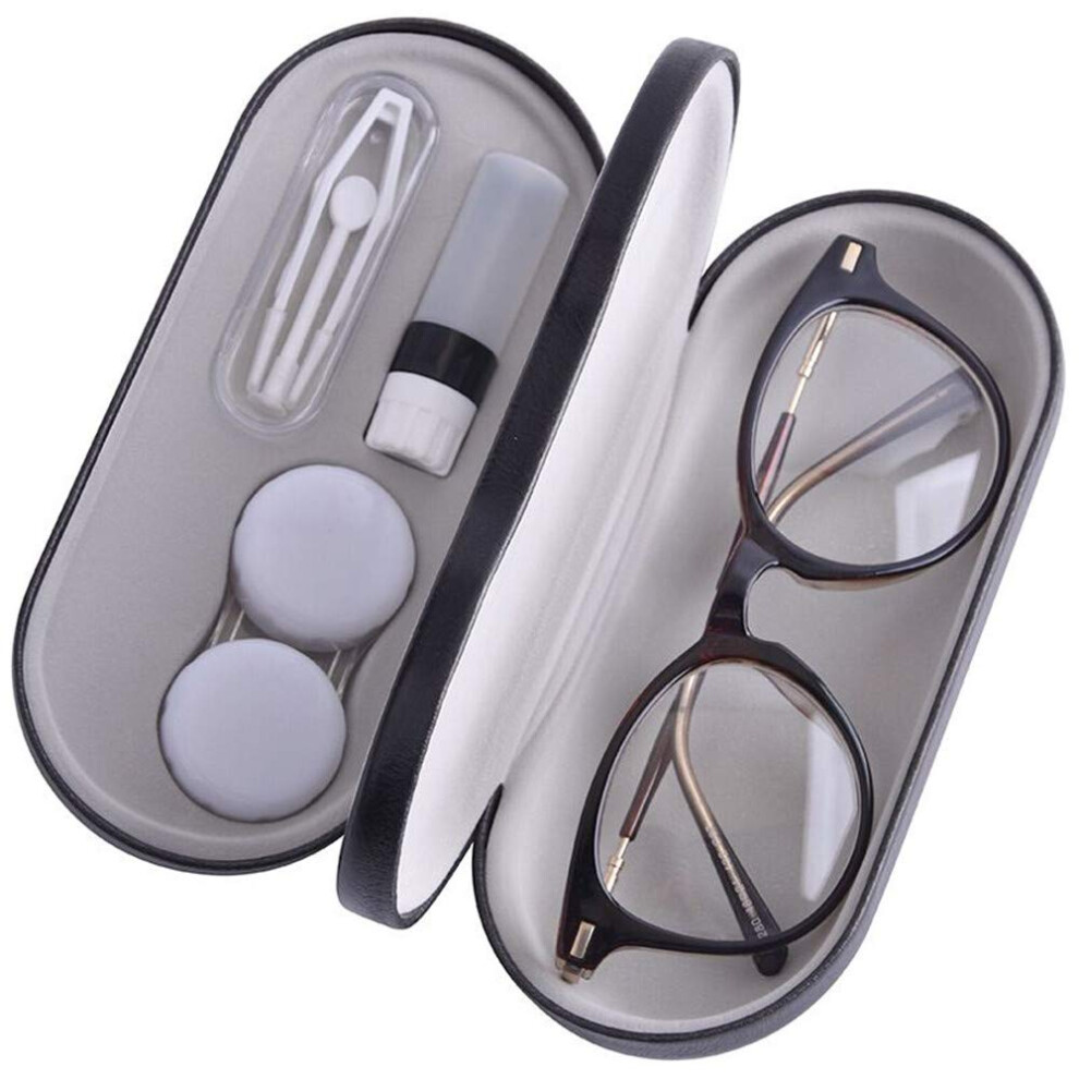 Black 2 In 1 Contact Lens And Glasses Case With Mirror, Tweezers, Applicator, Compact Travel Design