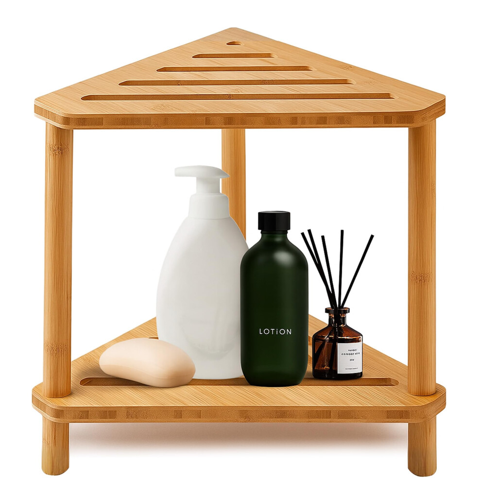 Bamboo Shower Stool with Storage Shelf, Non Slip Corner Bath Bench for Small Showers, 220 lb Capacity