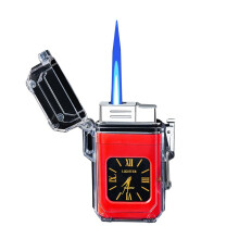 Windproof Torch Lighter with Adjustable Flame, Waterproof Transparent Red Shell for Outdoor Camping, Cigars and Cigarettes