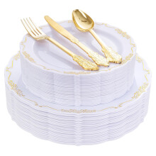 Elegant White Gold Disposable Plates and Silverware Set 150pcs for Party and Wedding