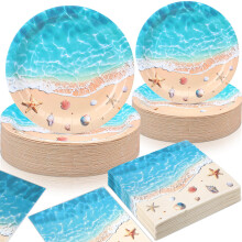 Beach Party Tableware Set with Ocean Waves Design, 7' and 9' Plates and Napkins for 60 Guests