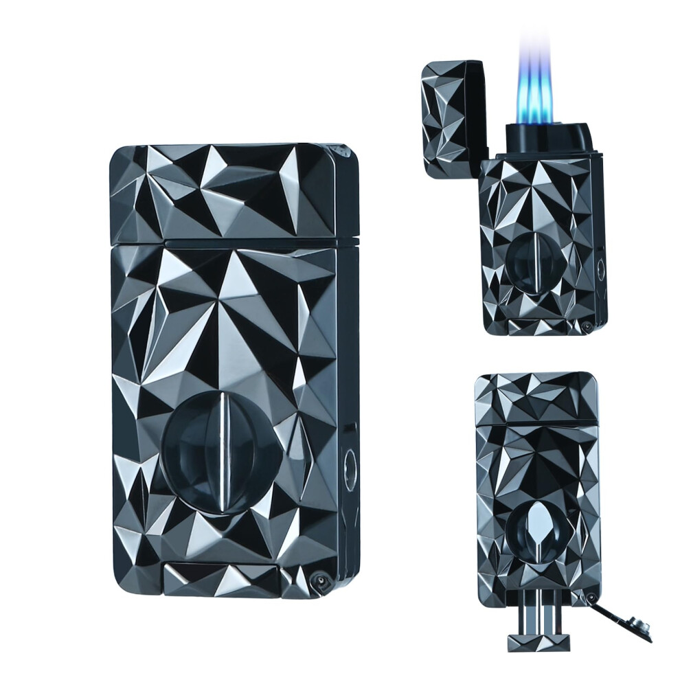 Triple Jet Flame Butane Refillable Torch Lighter with Builtin Cutter and Punch for Cigars