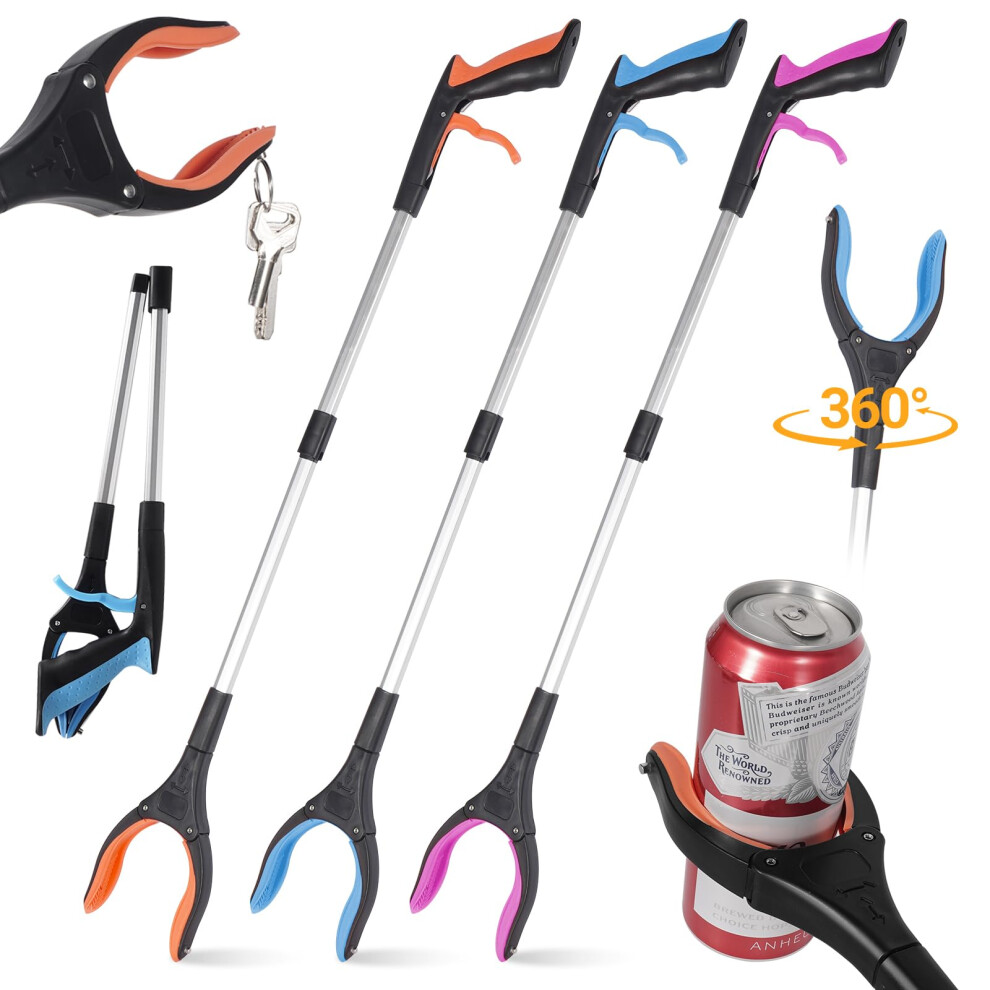 3Pack 32' Foldable Grabber Reacher Tool with 360 Rotating Jaw and Magnetic Tip for Seniors