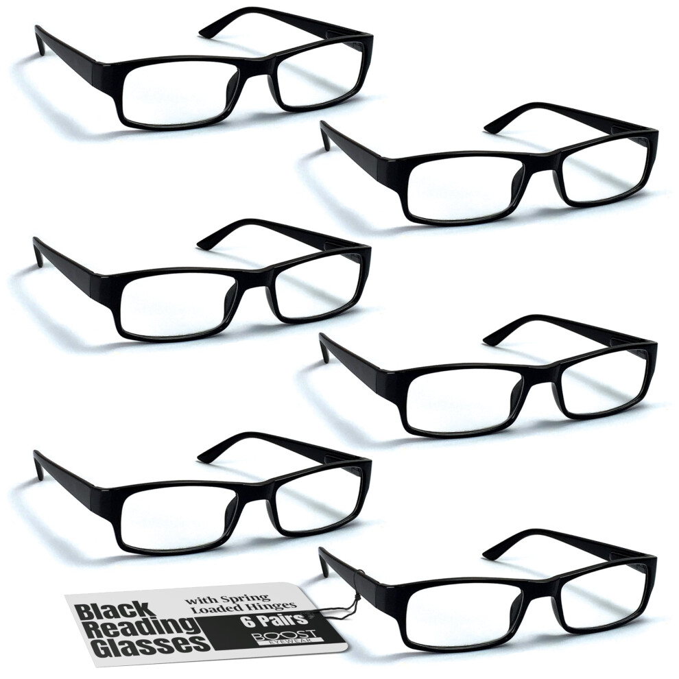 Reading Glasses 6 Pack with Precise 2.25x Magnification, Black Frames, Comfort Spring Hinges for Men and Women