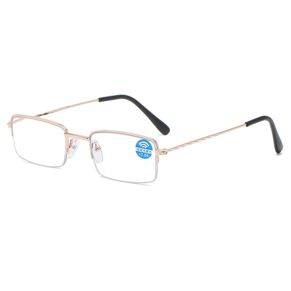 Gold Half Frame Reading Glasses 2.0+ with Blue Light Blocking and Spring Hinge for Men and Women