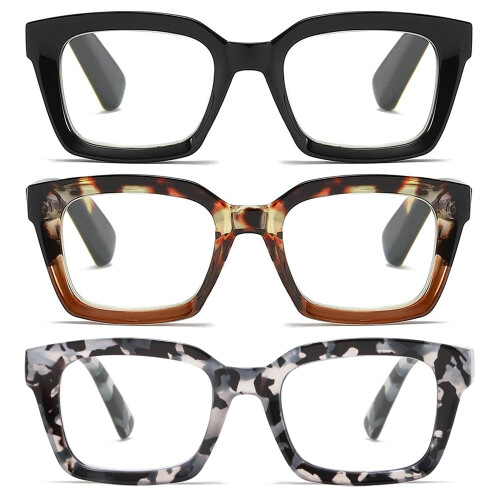 3 Pack Oversized Square Reading Glasses for Women, 2.5x Magnification Blue Light Blocking