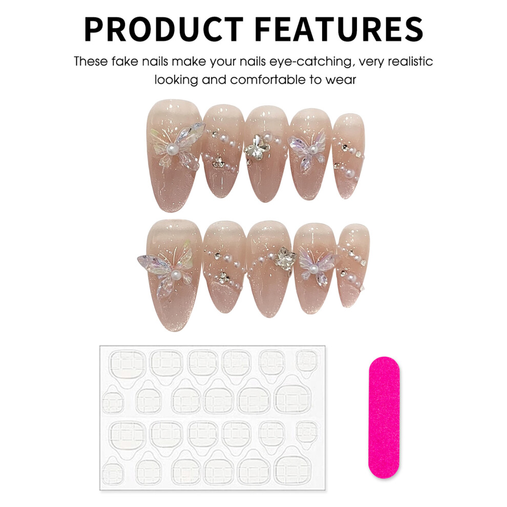 Zhouq-Outdoors Glitter Fake Nails With Butterfly Decor - 24Pcs Diy