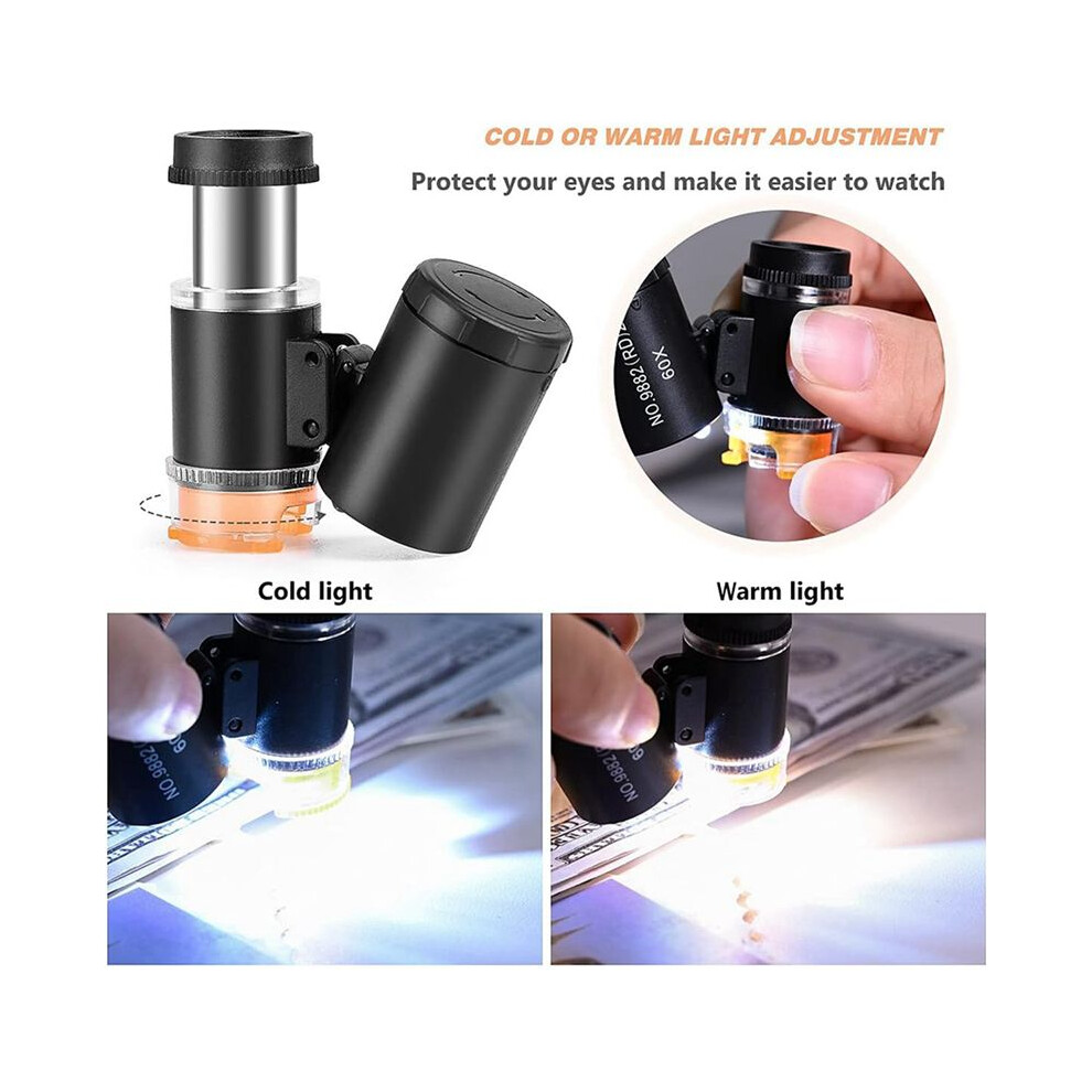 Light 2 Set 60X Pocket Microscope Jewelers Eye Loupe With Led Uv Portable Magnifying Glass A