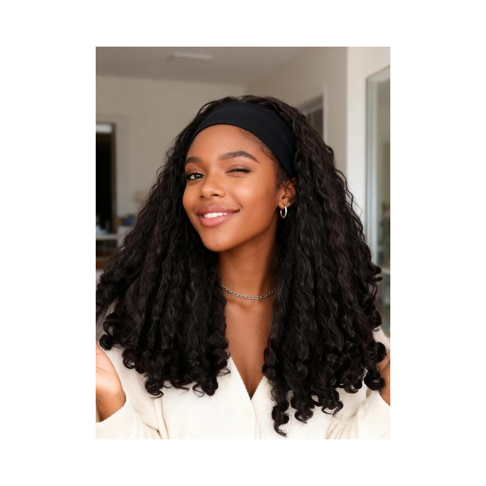 Unisex Brown (Dark 22Inch) Afro Curly Glueless Headband Wig Synthetic Braided Hair Texture With Unique Bouncy Curls In The End 22 Inch Soft