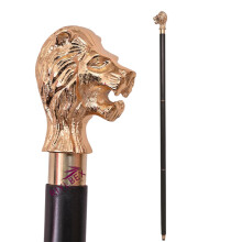 Golden Lion Head Walking Cane Handmade Wooden Shaft Antique Style 36 Inch Vintage Gift