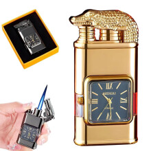 Windproof Jet Flame Lighter with Watch Dual Flame Dragon Torch Gold Refillable Adjustable