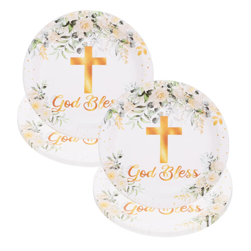Baptism Plates with Cross Theme, Disposable First Communion Plates for Religious Party Tableware