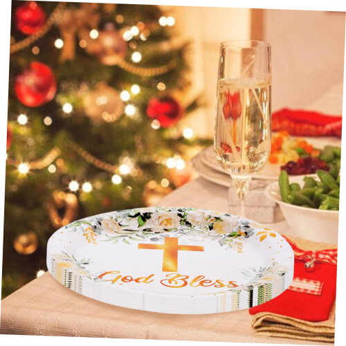 Baptism Plates with Cross Theme, Disposable First Communion Plates for Religious Party Tableware 1