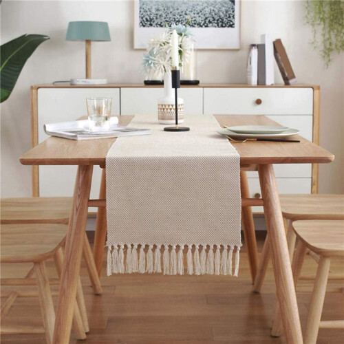 2X Cotton Linen Fringe Table Runner,Woven Decorative Table Runners, Macrame Table Runner for Kitchen Decor 13X70Inch 1
