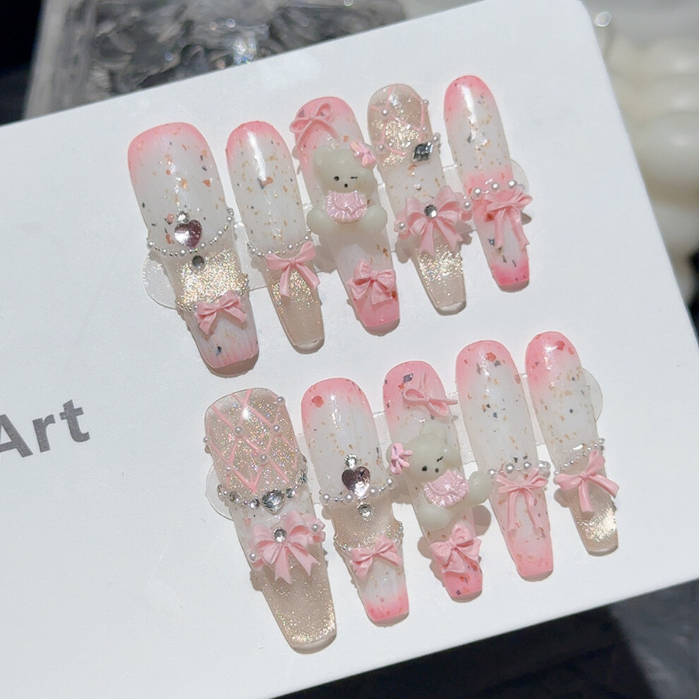 Bright-Home (558) 10Pcs White&Pink Long Fake Nails With Sequins With Zero Pressure On The Nail Bed Design For Girlfriend Wife Women And Gi