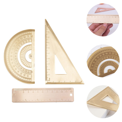 1Set Brass Ruler Set Golden Drawing Triangle Protractor Straightedge 1