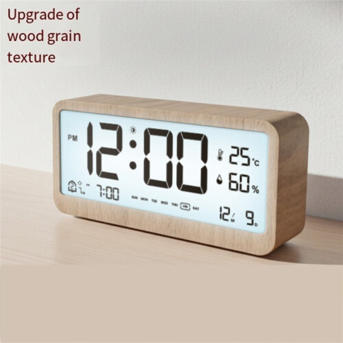 Multi-Function Wooden Digital Clock LED Brightness Adjustable Temperature and Humidity Display Dual Mode Alarm Clock