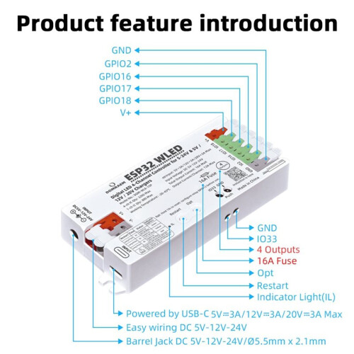 DOMRAEM 4-Channel LED Strip Controller ESP32 WLED Digital Controller PD5/12/20V DC5-24V Input 16A B