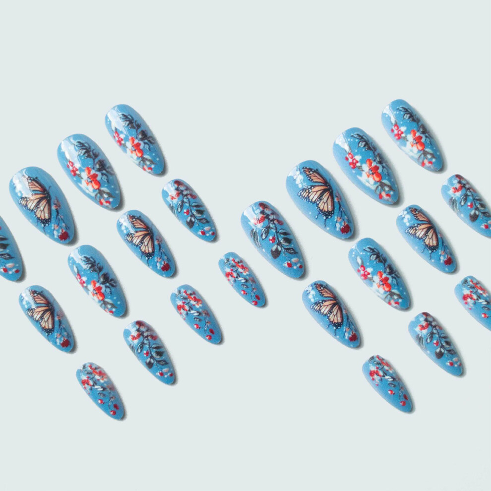 Creation-3C 24Pcs Blue Almond Fake Nails With Butterfly Print