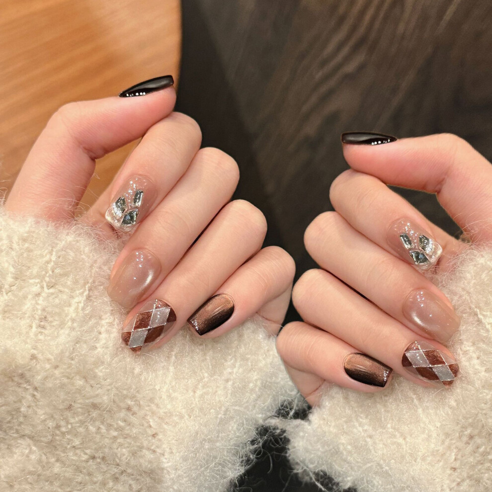 Dachuang Beauty (Xs) Brown Cat Eye Resin Nails - Chip-Proof Fake Nails
