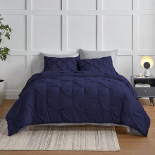 Pinch Pleat Duvet Cover Twin XL Navy 100% Cotton 600TC Set with Zipper Closure and Corner Ties