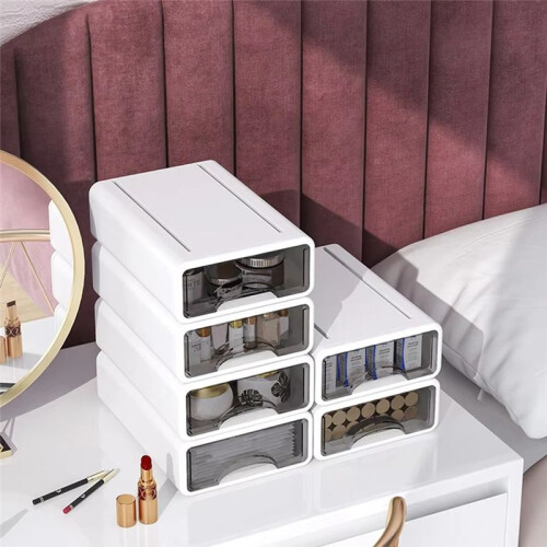 Stackable Plastic Organizer Box for Desktop, Makeup, Jewelry, Office Storage - Large Dustproof Container with Drawers