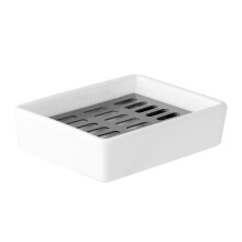 Ceramic Soap Dish with Stainless Steel Frame, Double Layer Design, Removable Tray, White Holder for Bathroom Kitchen