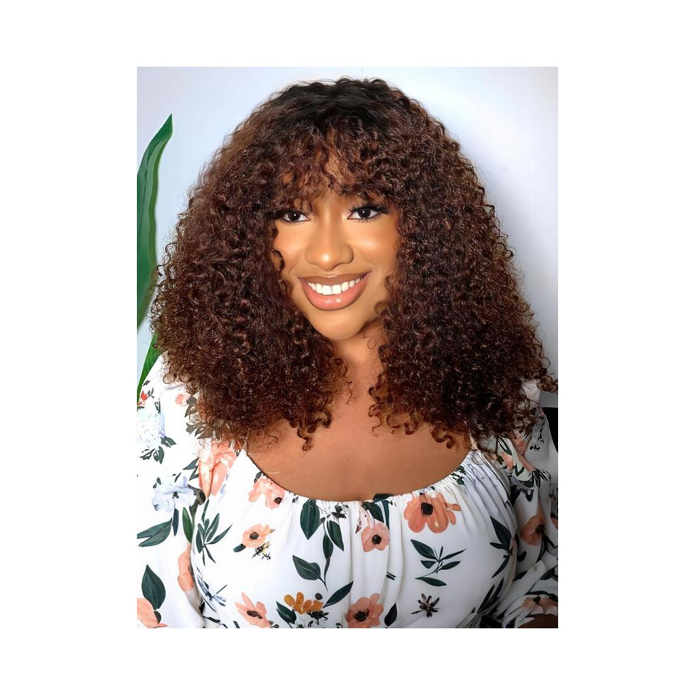 Unisex Red (Wine 14Inch) 12 Inch Ombre Blonde Curly Bob Wig, 180% Density Brazilian Remy Human Hair Pre-Styled Bangs & Glueless Design