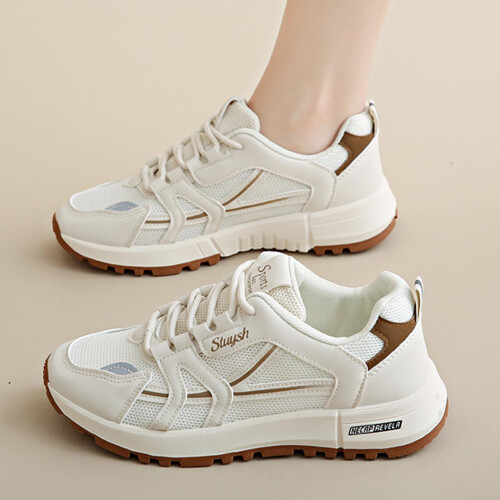 (Khaki, 35) Damen Mesh Sneaker mit dicker Sohle