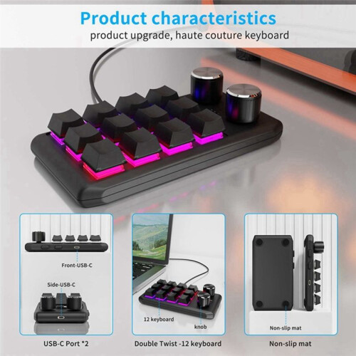 Custom Keyboard Volume Button Knob Programming Macro Gaming Hotswap Keypad Black, 12 Keys 2 Knob 1