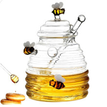Glass Honeycomb Tank Kitchen Tools Honey Storage Container with Dipper and Lid Honey Bottle for Party Kitchen Home