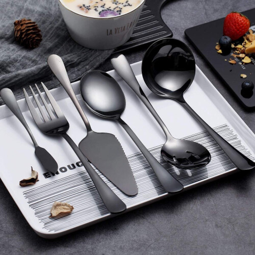 6-Piece Serving Flatware Silverware Set, Serving Utensil Set,Include Cake Server, Slotted Serving Spoon Black 2