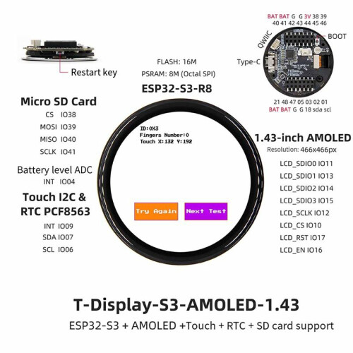 Placa de Desenvolvimento T-Display-S3 ESP32-S3, AMOLED de 1,43 Polegadas, WiFi, , Flash de 16 MB, PSRAM de 8 MB 2