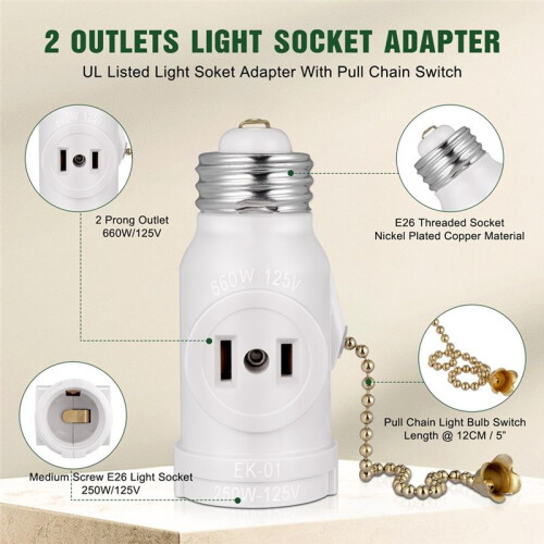 2 Outlet Light Socket Adapter,E26 Bulb Socket to Outlet Splitter,Convert Medium Screw Socket Into A Socket 2 Outlets 2pc 1