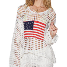 (XL, White) Women's Loose Knitwear Pullover American Flag Knit Crochet Long Sleeve Scoop Neck Tops Sweater