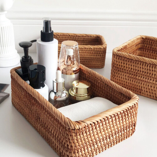 2X Hand-Woven Rectangular Rattan Wicker Basket Fruit Tea Snack Bread Picnic Cosmetic Box Kitchen Household Tools-L 2