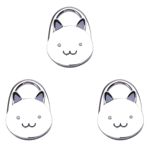 3X Black Cat Cartoon Foldable Silver Tone Handbag Hook Antislip Rubber Base 1
