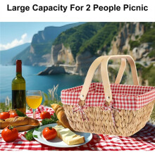 Picnic Basket with Removable Liner, Handmade Water Hyacinth Basket, Empty Gift Baskets with Wooden Handle