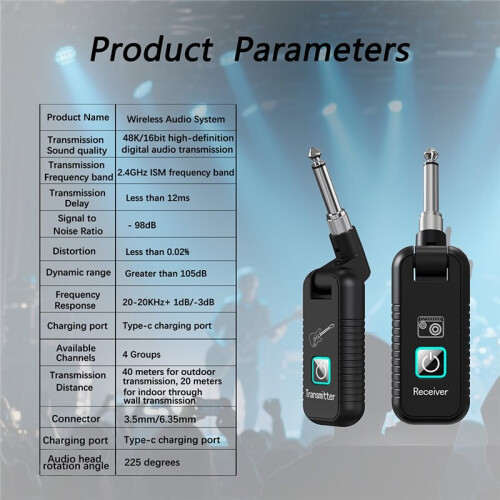 Guitar Wireless System Guitar Transmitter Receiver for Electric Guitar Electronic Wind Instrument 1to1 2