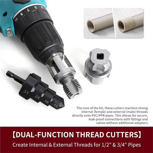 3Pcs PVC Pipe Threading Tool Kit, Includes 1/2" & 3/4" Internal/External Thread Cutters, Reamer and Step Drill Bit 2
