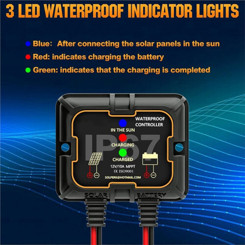 Solar Charge Controller 10A 12V, Waterproof Portable Intelligent Solar Panel Controller for AGM, Gel & Lithium Batteries 1
