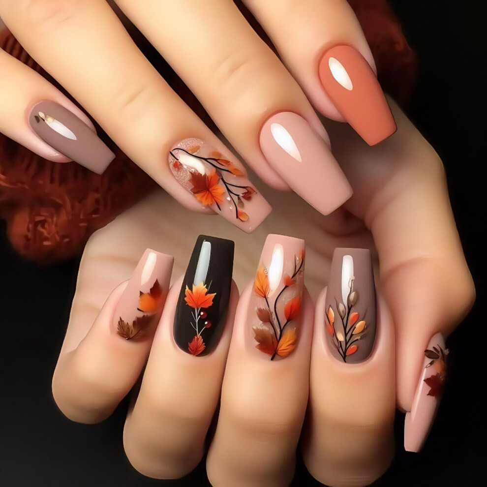 Roc-Electron 24Pcs Maple Leaf Press-On Nails, Glossy Fall Nail Art