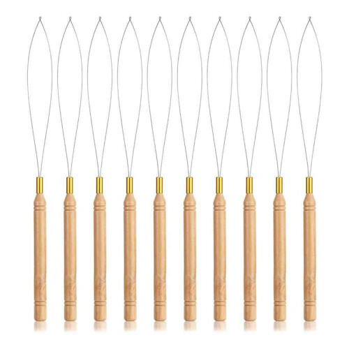 Hair Extensions Loop Needle Threader Pulling Hook, Needle Threaders with Wooden Handle Bead Threader for Hair Extension